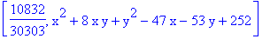[10832/30303, x^2+8*x*y+y^2-47*x-53*y+252]